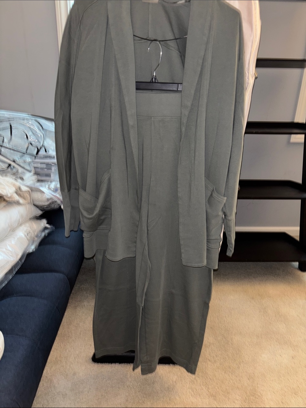Pact Olive Open-Front Long Cardigan with Pockets and Pants